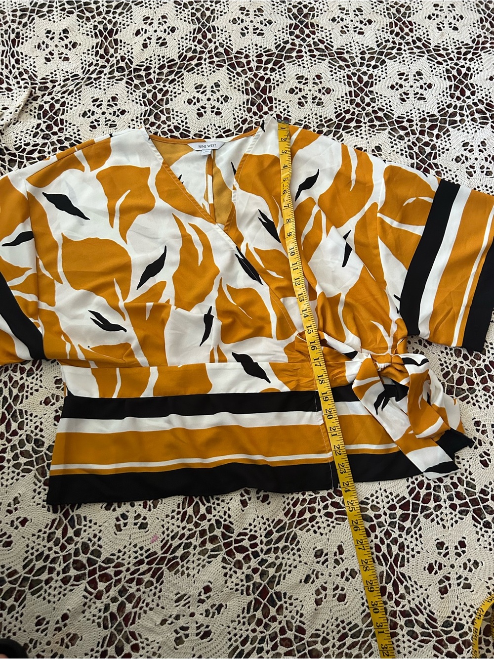Nine West Mustard, Black and White Wrap Blouse with Side Tie - Picture 3 of 6